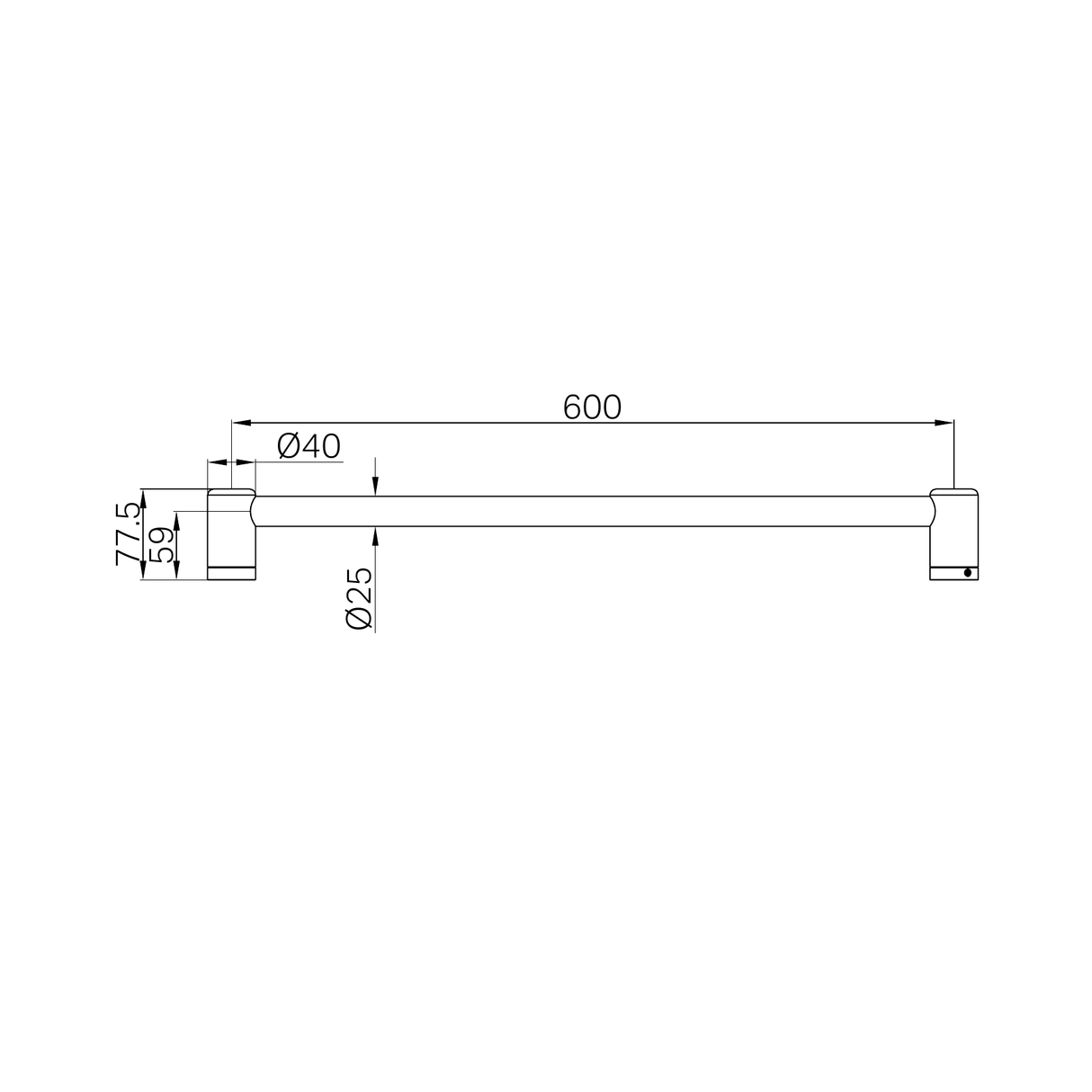A line drawing of Nero Tapware Mecca Care 25mm Grab Rail 600mm Gun Metal