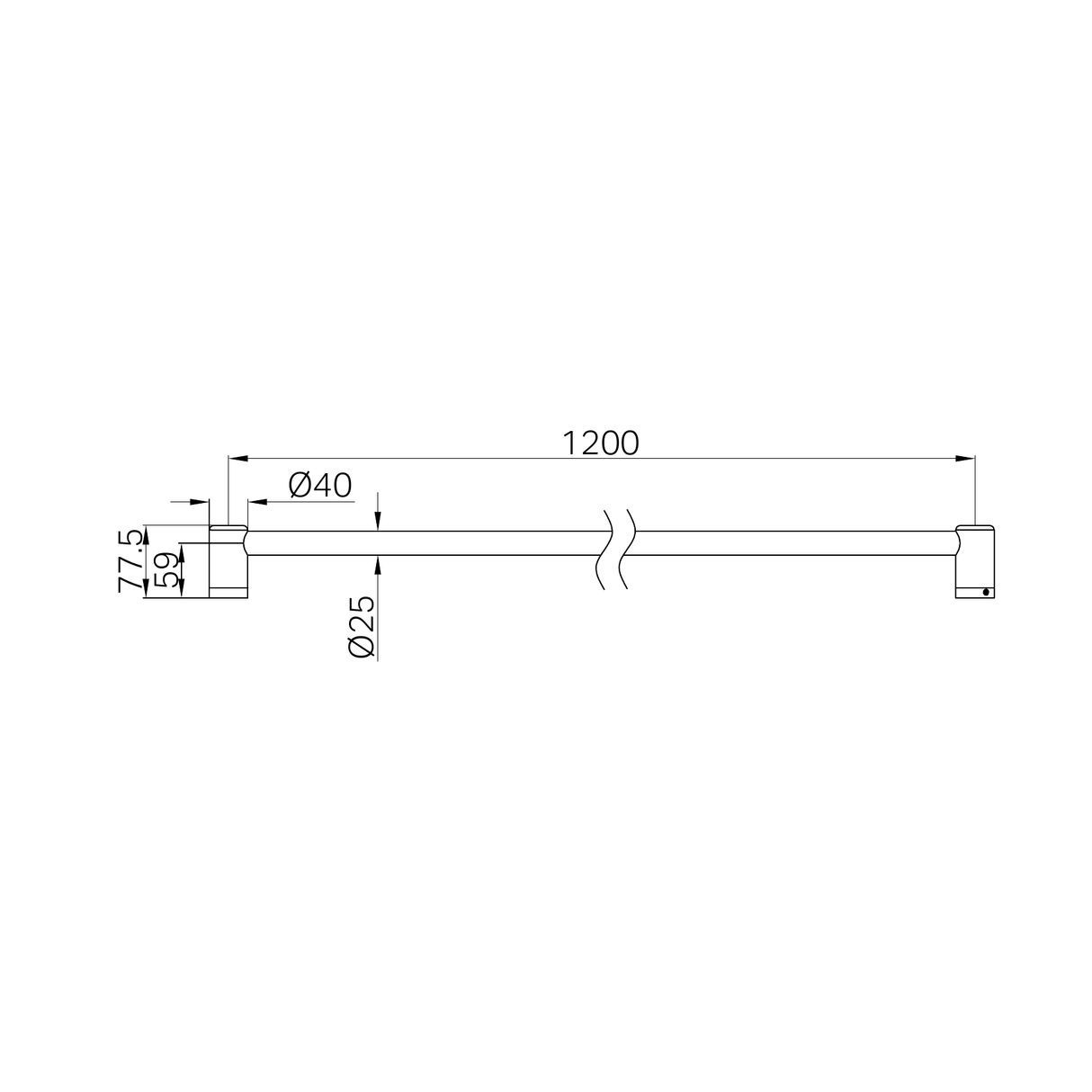 A line drawing of Nero Tapware Mecca Care 25mm Grab Rail 1200mm Brushed Bronze