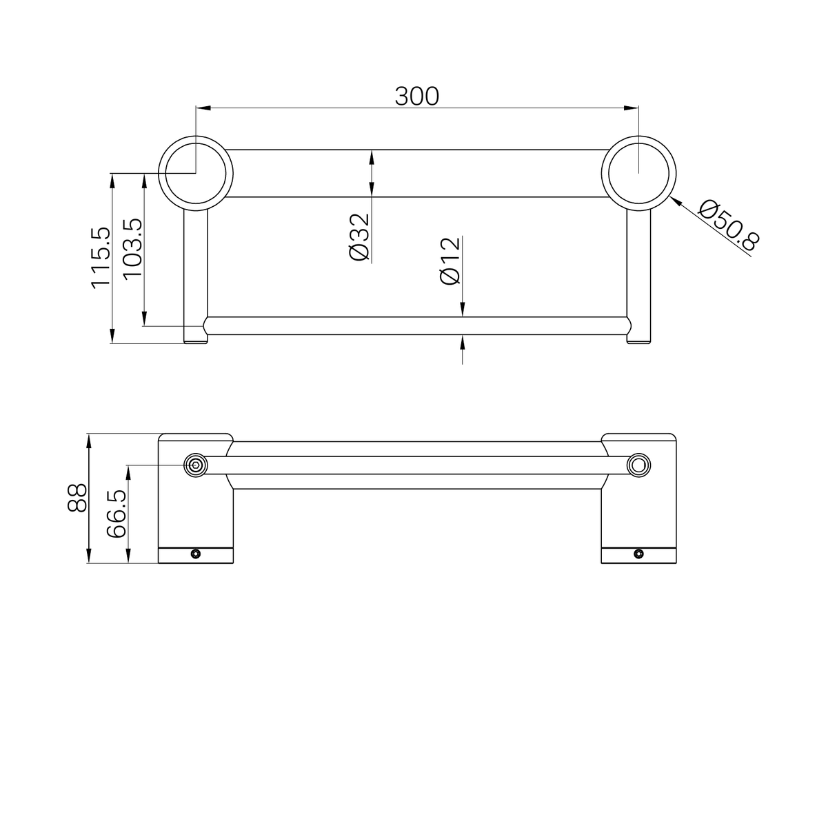 A line drawing of Nero Tapware Mecca Care 32mm Grab Rail With Towel Holder 300mm Matte Black