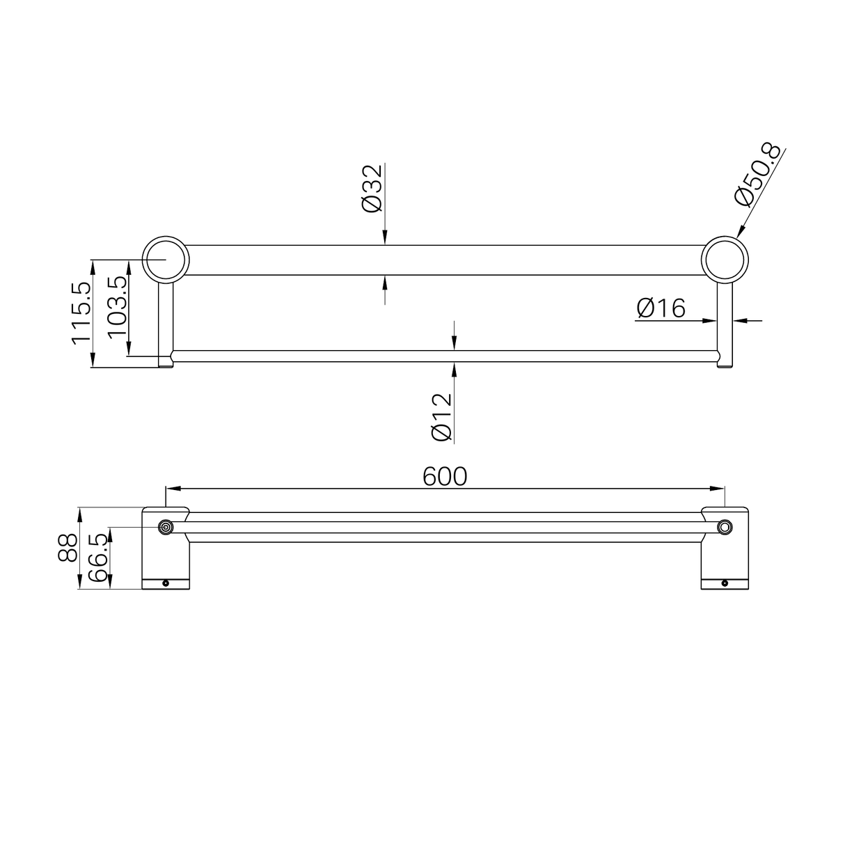 A line drawing of Nero Tapware Mecca Care 32mm Grab Rail With Towel Holder 600mm Matte Black