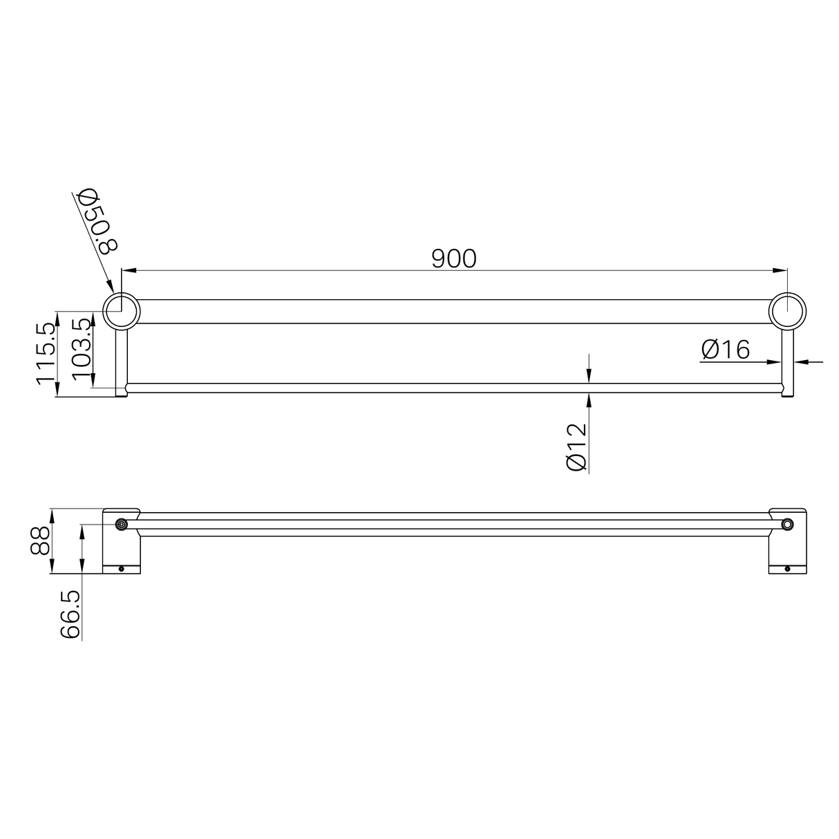 A line drawing of Nero Tapware Mecca Care 32mm Grab Rail With Towel Holder 900mm Gun Metal