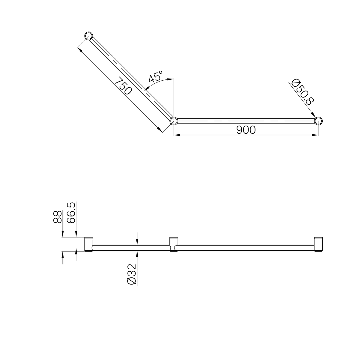 A line drawing of Nero Tapware Mecca Care 32mm DDA Accessible Toilet Grab Rail Set 45 Degree 750X900mm Matte Black