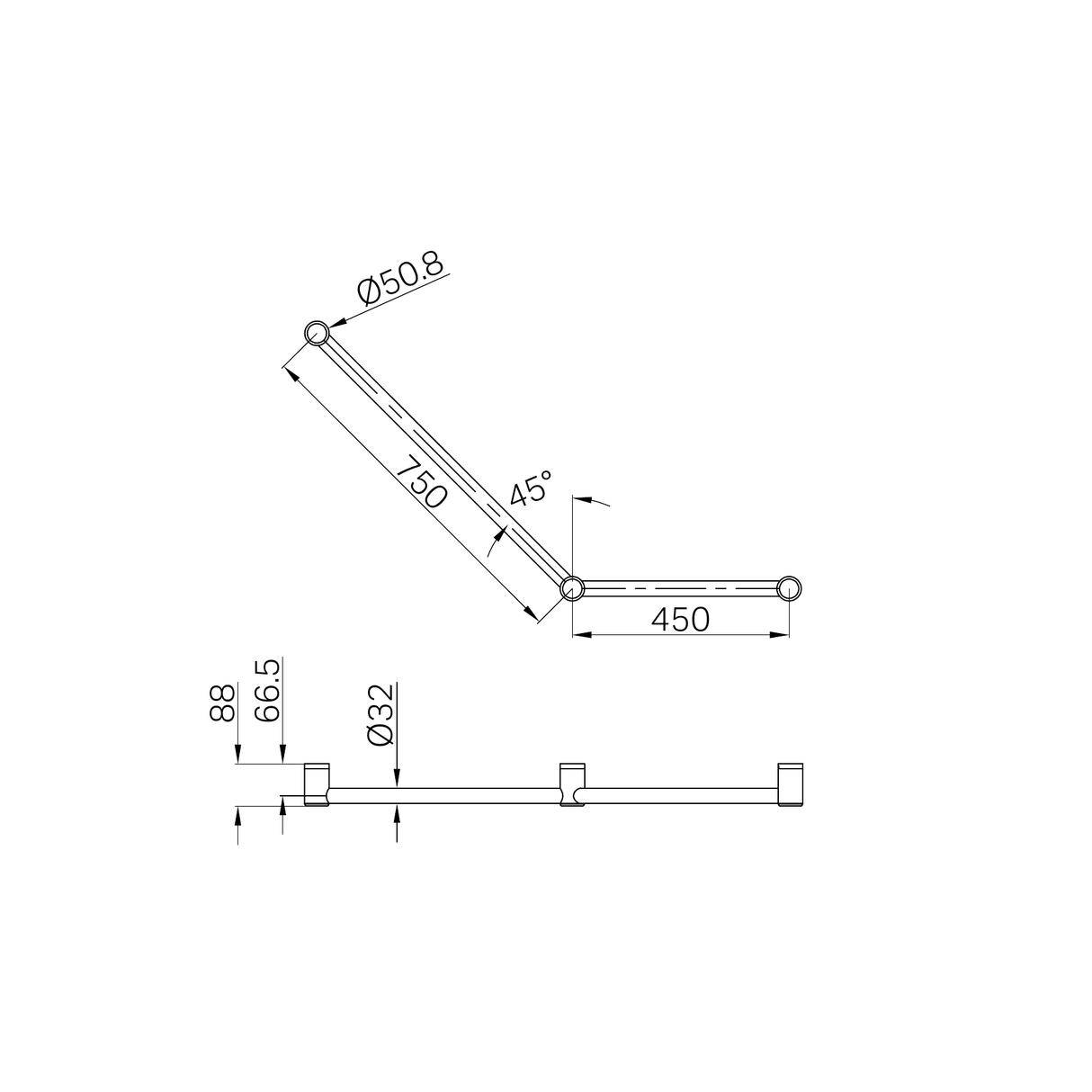 A line drawing of Nero Tapware Mecca Care 32mm Ambulant Toilet Grab Rail 45 Degree 750X450mm Brushed Nickel