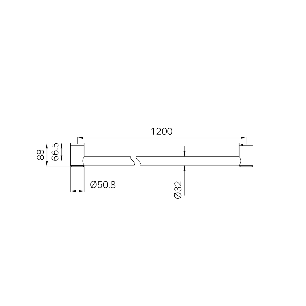 A line drawing of Nero Tapware Mecca Care 32mm Grab Rail 1200mm Brushed Nickel