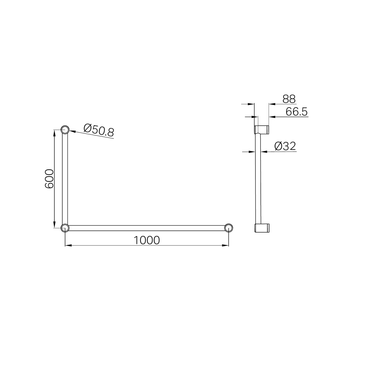 A line drawing of Nero Tapware Mecca Care 32mm DDA Accessible Toilet Grab Rail Set 90 Degree 600X1000mm Matte Black