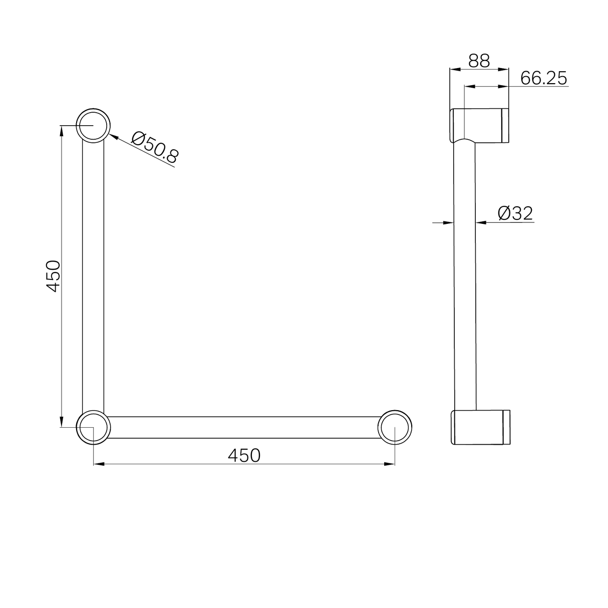 A line drawing of Nero Tapware Mecca Care 32mm Ambulant Toilet Grab Rail 90 Degree 450X450mm Brushed Gold