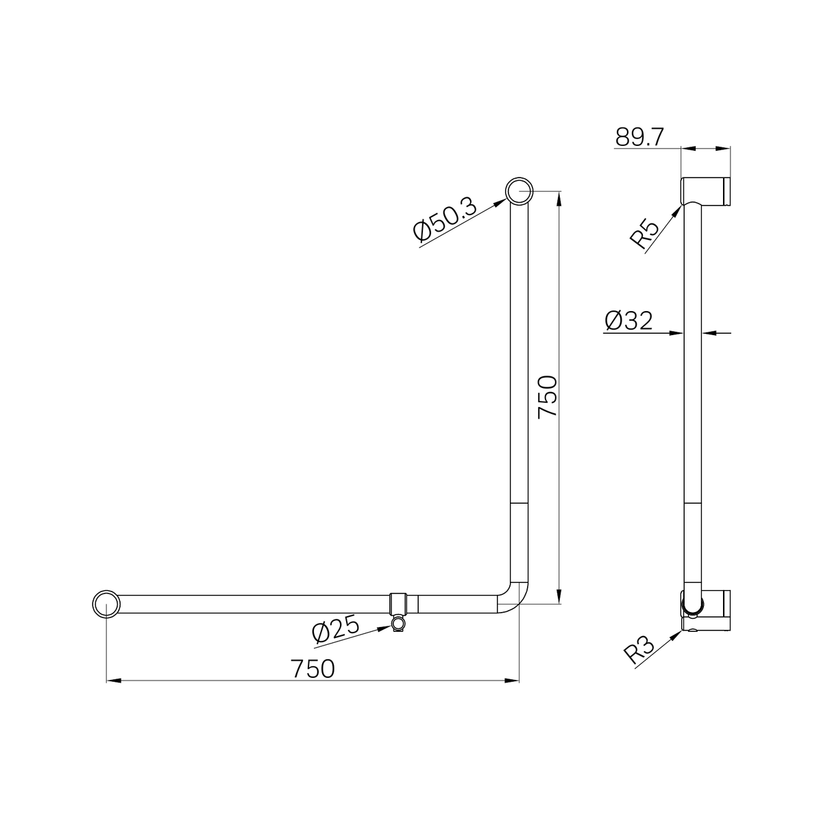 A line drawing of Nero Tapware Mecca Care 32mm 90 Degree NZ4121 Accessible Toilet Grab Rail 750X750mm Brushed Nickel