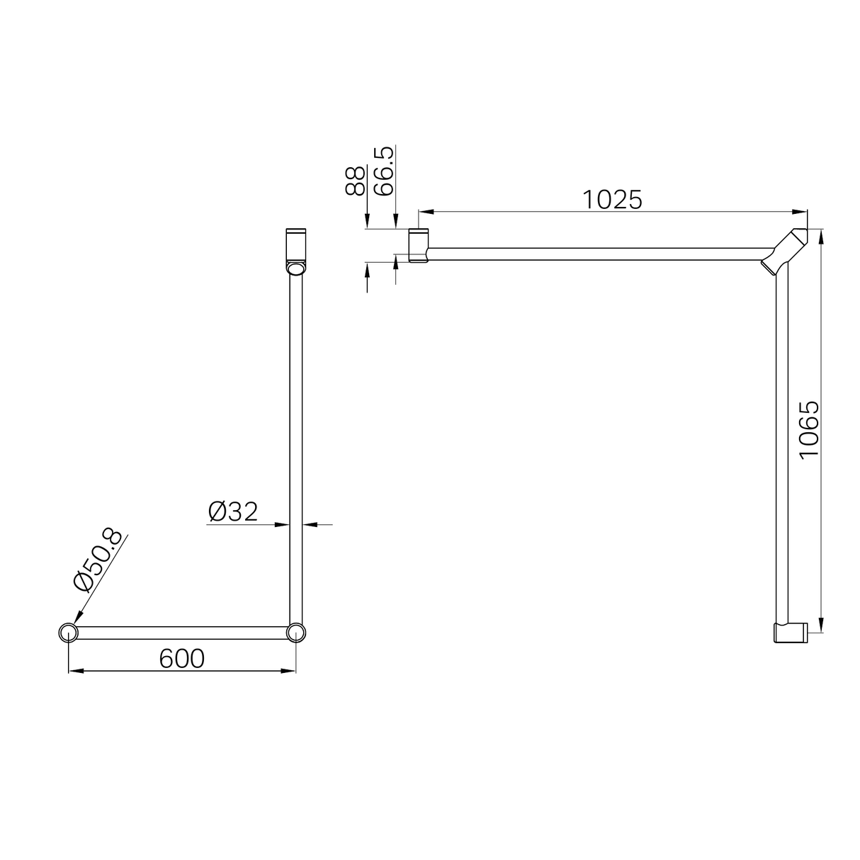 A line drawing of Nero Tapware Mecca Care 32mm DDA Accessible Toilet Grab Rail Set 90 Degree Continuous 600X1065X1025mm Brushed Nickel
