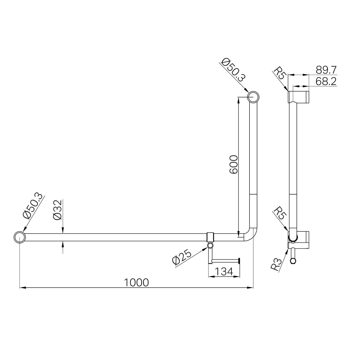 A line drawing of Nero Tapware Mecca Care 32mm DDA Accessible Toilet 90 Degree Bent Tube Grab Rail 600X1000mm With Toilet Roll Holder Brushed Nickel