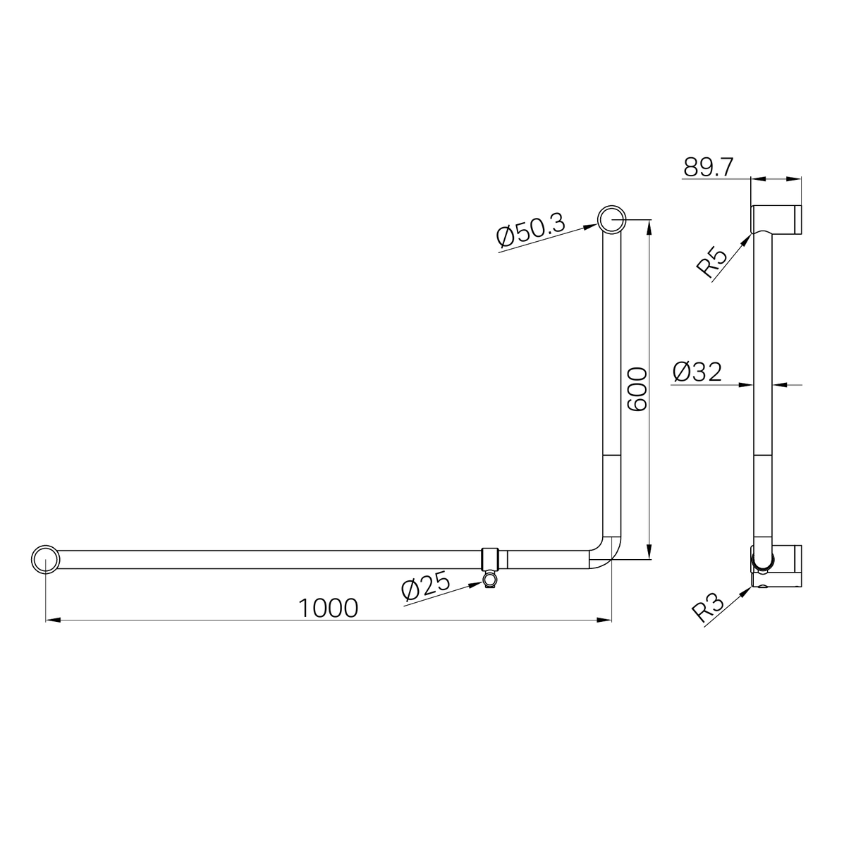 A line drawing of Nero Tapware Mecca Care 32mm DDA Accessible Toilet 90 Degree Bent Tube Grab Rail 600X1000mm Brushed Nickel