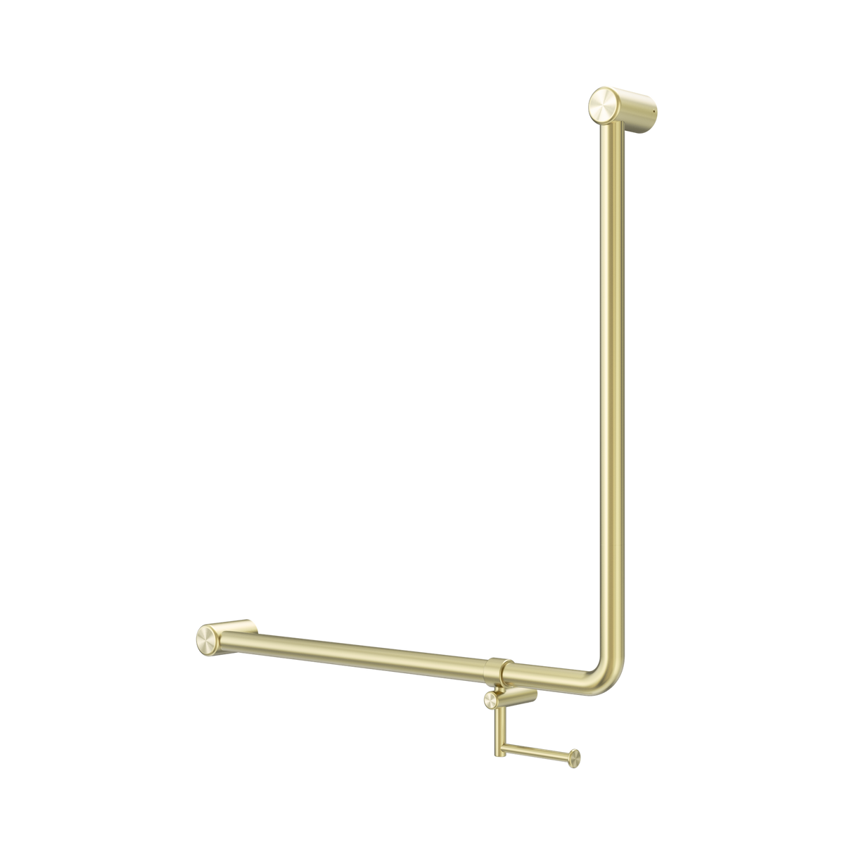 An image of Nero Tapware Mecca Care 32mm 90 Degree NZ4121 Accessible Toilet Grab Rail 750X750mm With Toilet Roll Holder Brushed Gold