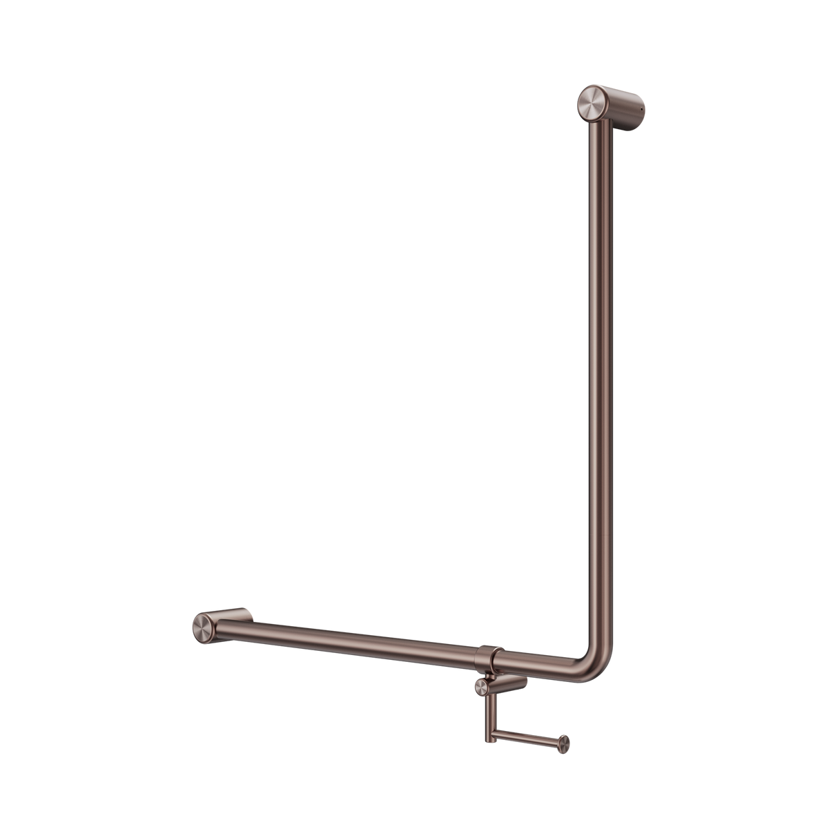 An image of Nero Tapware Mecca Care 32mm 90 Degree NZ4121 Accessible Toilet Grab Rail 750X750mm With Toilet Roll Holder Brushed Bronze