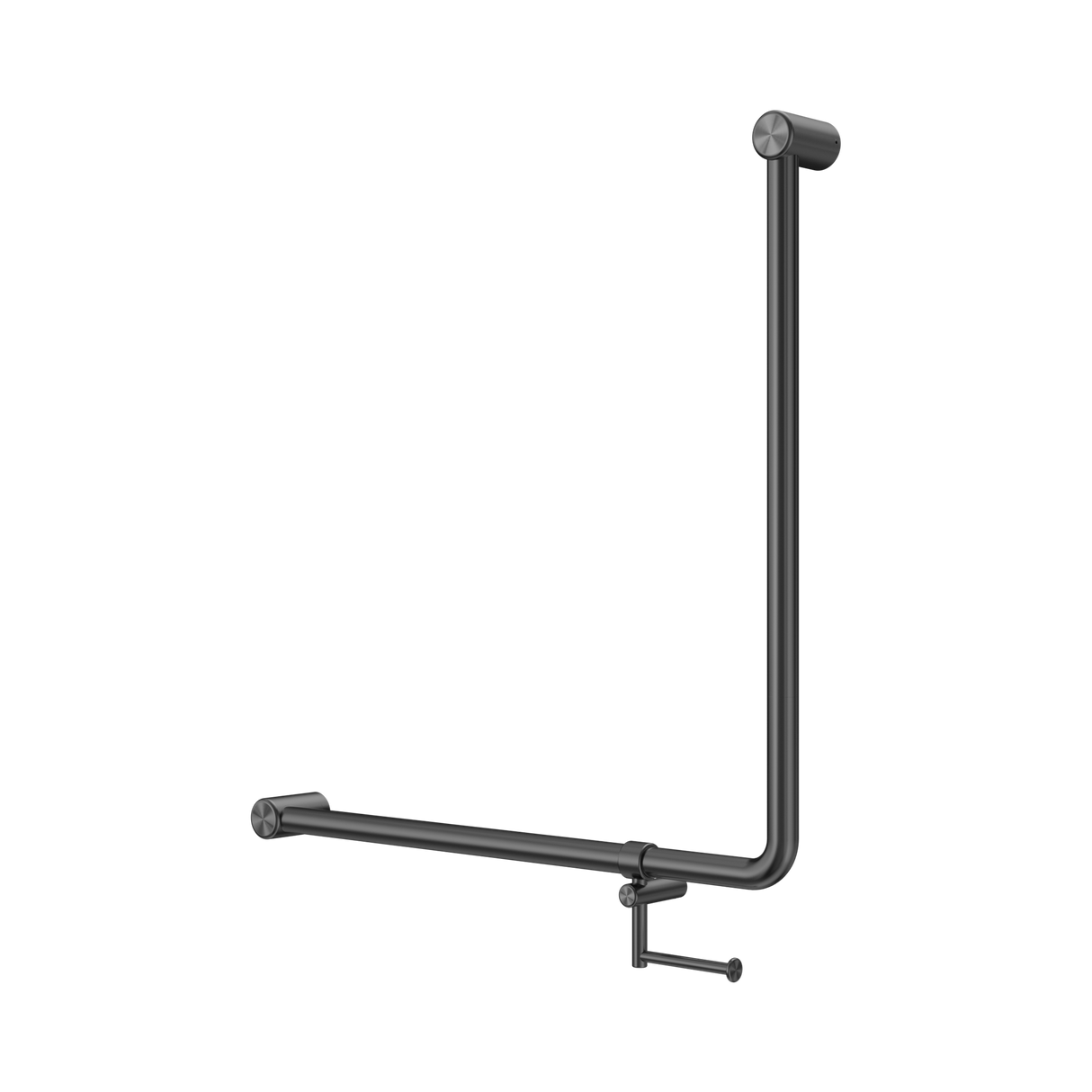 An image of Nero Tapware Mecca Care 32mm 90 Degree NZ4121 Accessible Toilet Grab Rail 750X750mm With Toilet Roll Holder Gun Metal