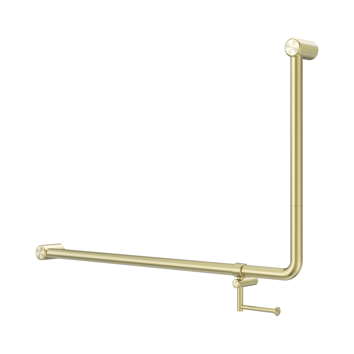 An image of Nero Tapware Mecca Care 32mm DDA Accessible Toilet 90 Degree Bent Tube Grab Rail 600X1000mm With Toilet Roll Holder Brushed Gold
