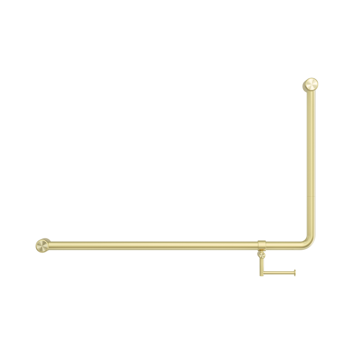 An image of Nero Tapware Mecca Care 32mm DDA Accessible Toilet 90 Degree Bent Tube Grab Rail 600X1000mm With Toilet Roll Holder Brushed Gold