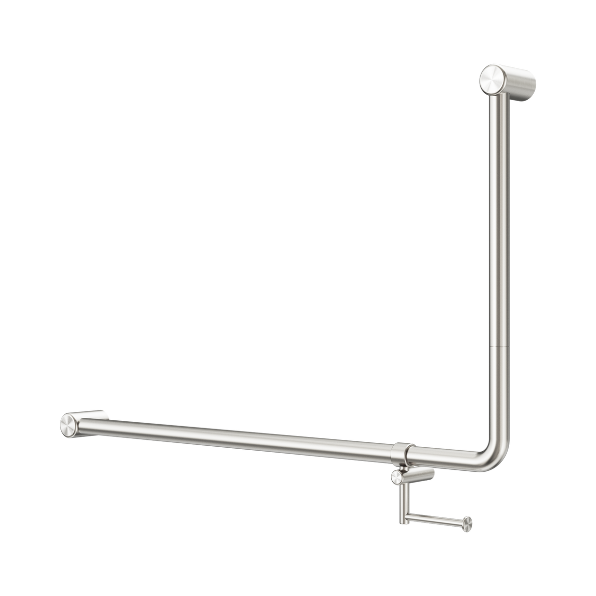 An image of Nero Tapware Mecca Care 32mm DDA Accessible Toilet 90 Degree Bent Tube Grab Rail 600X1000mm With Toilet Roll Holder Brushed Nickel