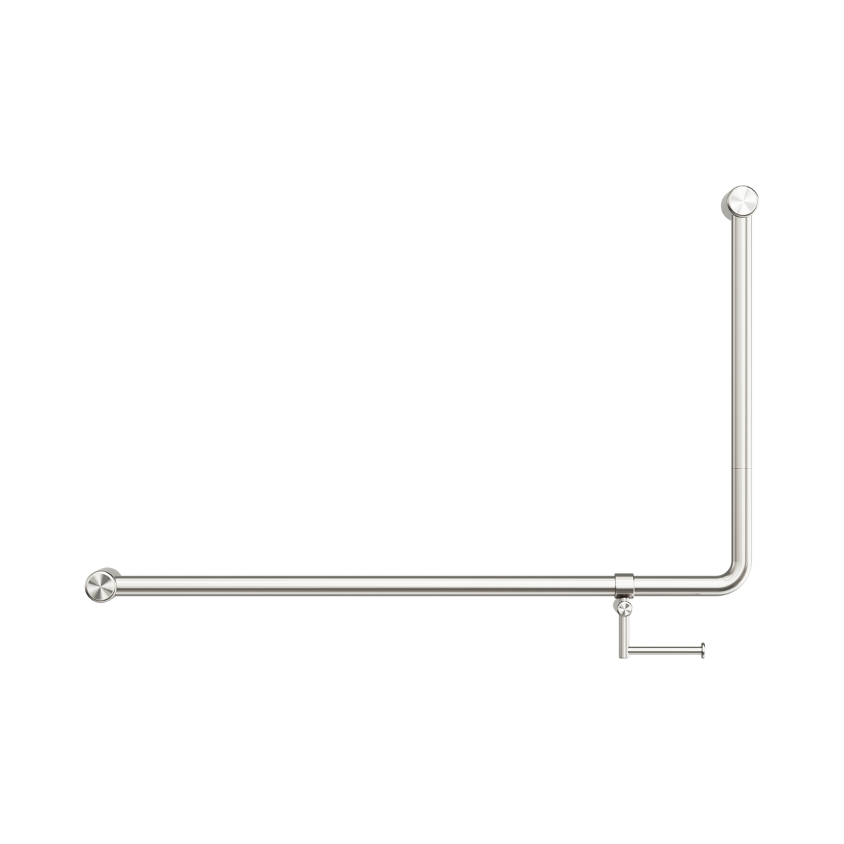An image of Nero Tapware Mecca Care 32mm DDA Accessible Toilet 90 Degree Bent Tube Grab Rail 600X1000mm With Toilet Roll Holder Brushed Nickel