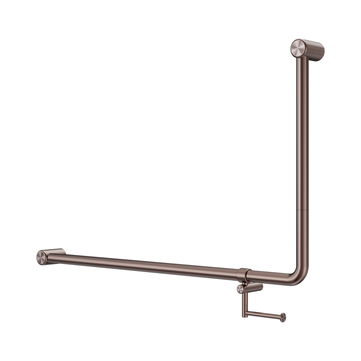 An image of Nero Tapware Mecca Care 32mm DDA Accessible Toilet 90 Degree Bent Tube Grab Rail 600X1000mm With Toilet Roll Holder Brushed Bronze