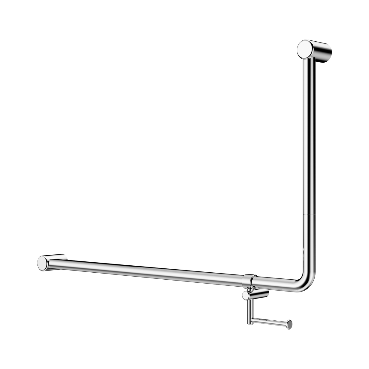 An image of Nero Tapware Mecca Care 32mm DDA Accessible Toilet 90 Degree Bent Tube Grab Rail 600X1000mm With Toilet Roll Holder Chrome