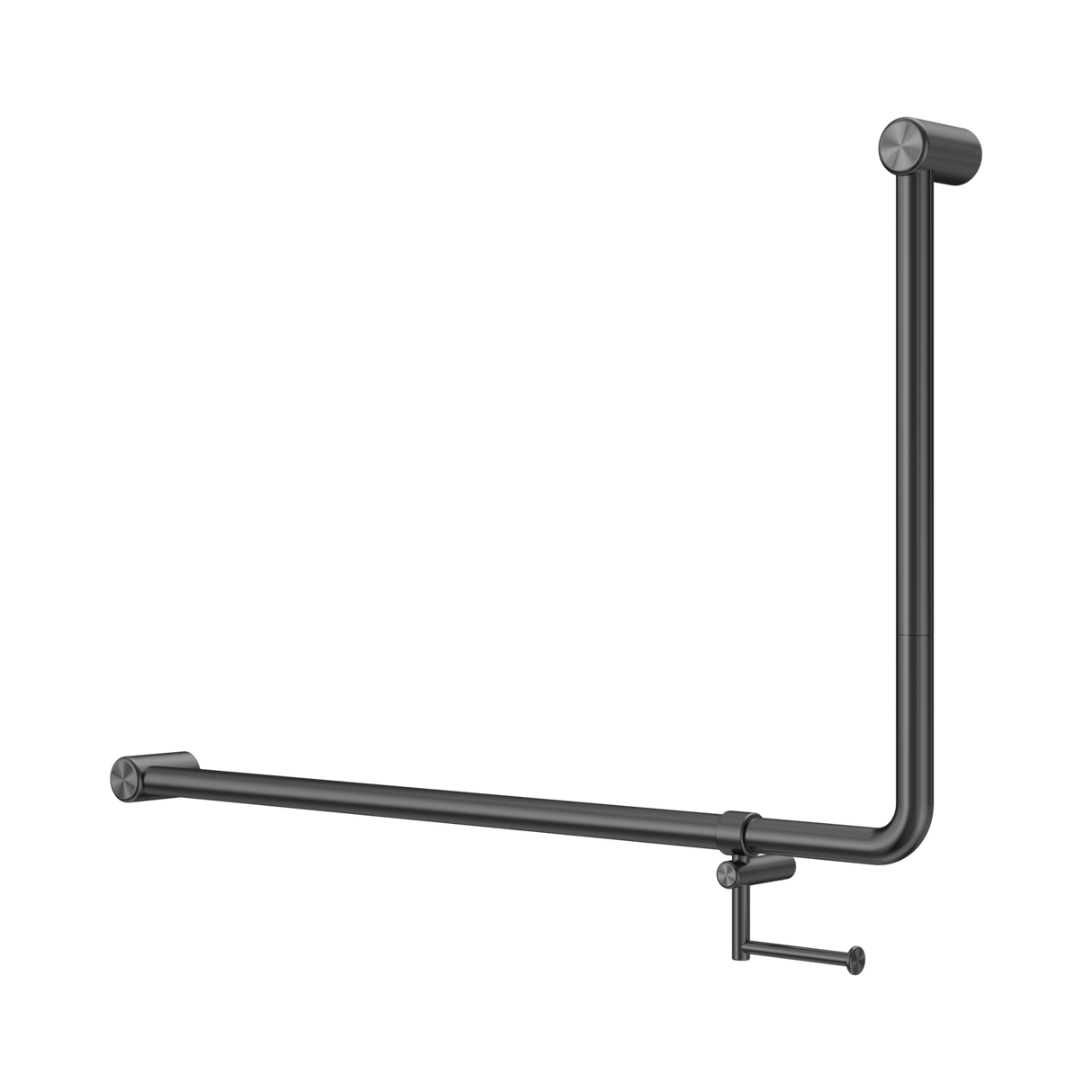 An image of Nero Tapware Mecca Care 32mm DDA Accessible Toilet 90 Degree Bent Tube Grab Rail 600X1000mm With Toilet Roll Holder Gun Metal