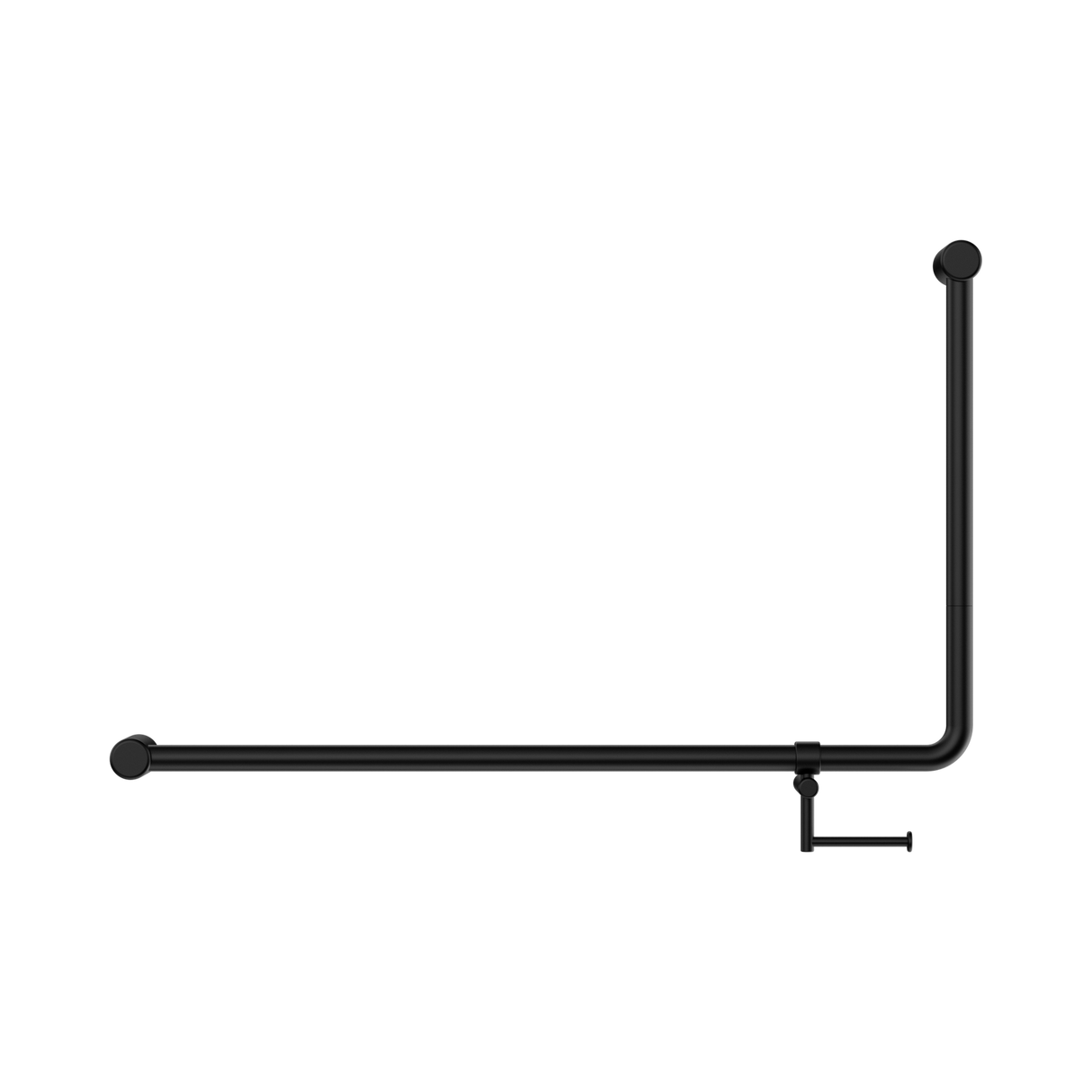 An image of Nero Tapware Mecca Care 32mm DDA Accessible Toilet 90 Degree Bent Tube Grab Rail 600X1000mm With Toilet Roll Holder Matte Black