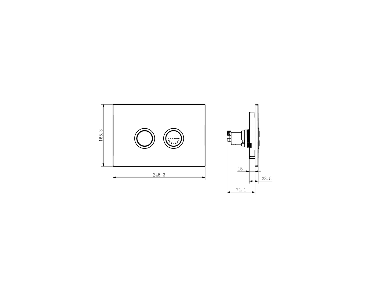 A line drawing of Nero Tapware Mecca Care Raised Disabled Care Pneumatic Flush Buttons Plate DDA Accessible Toilet Compliant Brushed Nickel