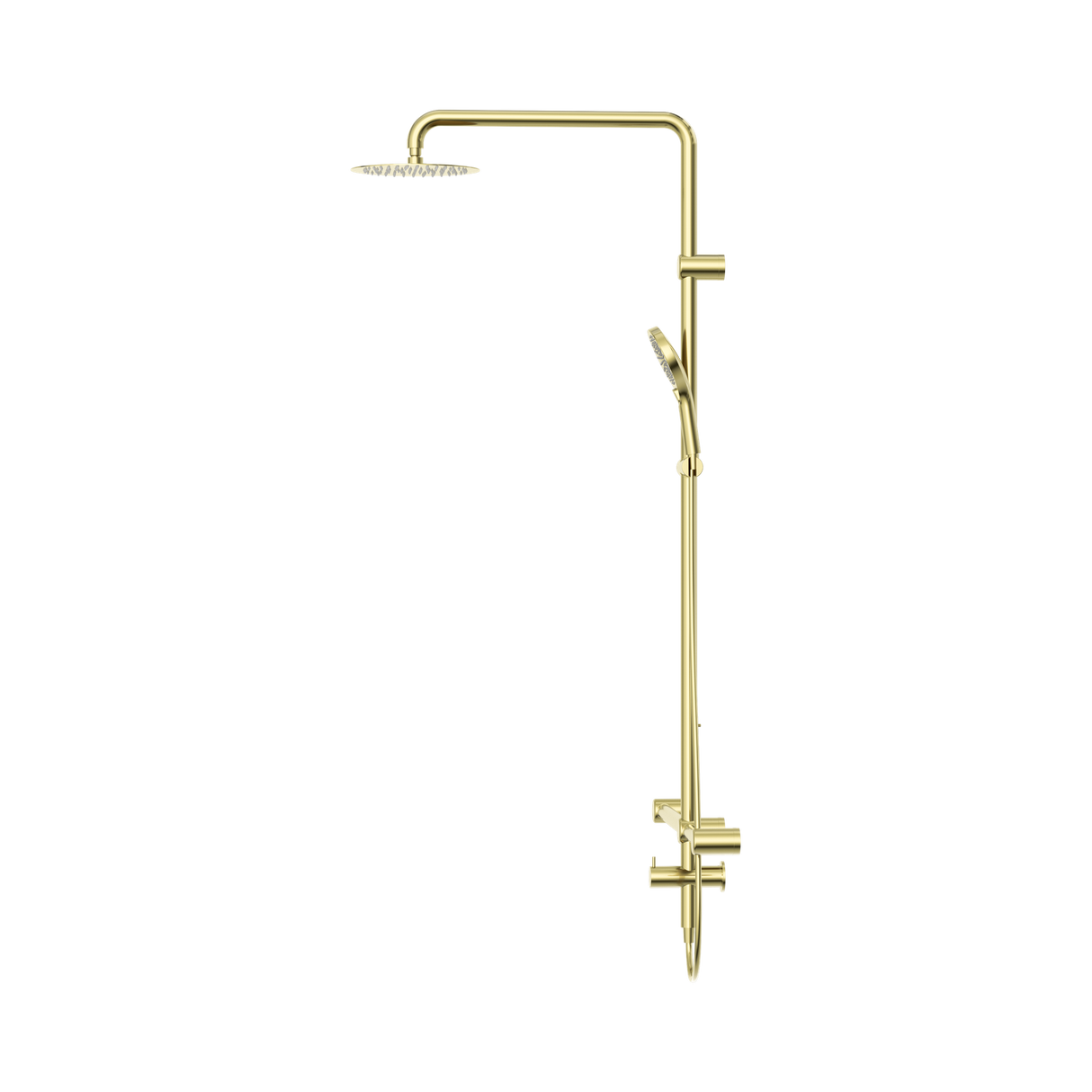 An image of Nero Tapware Mecca Care 32mm T Bar Grab Rail 1100x750mm Twin Shower Set Brushed Gold