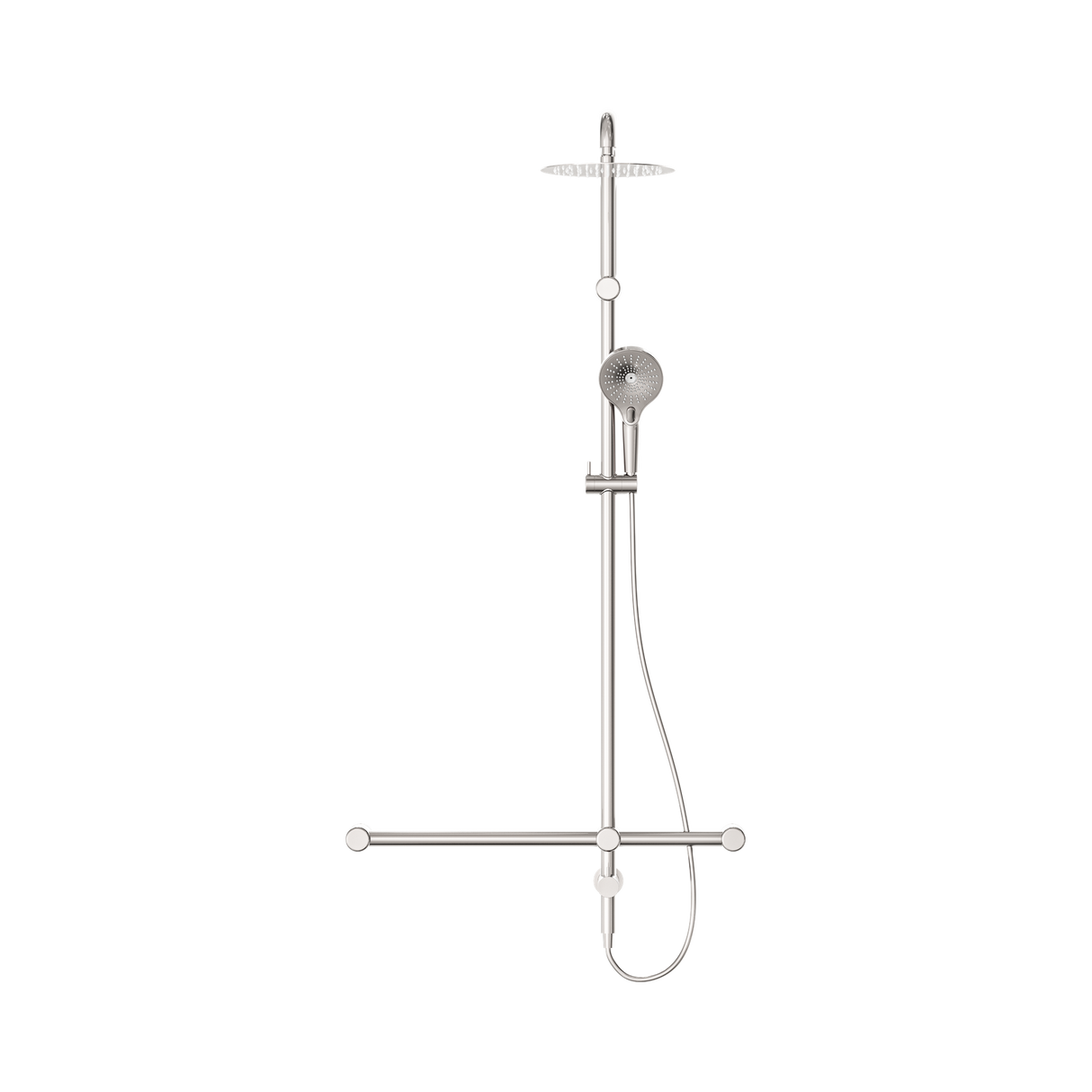 An image of Nero Tapware Mecca Care 32mm T Bar Grab Rail 1100x750mm Twin Shower Set Brushed Nickel