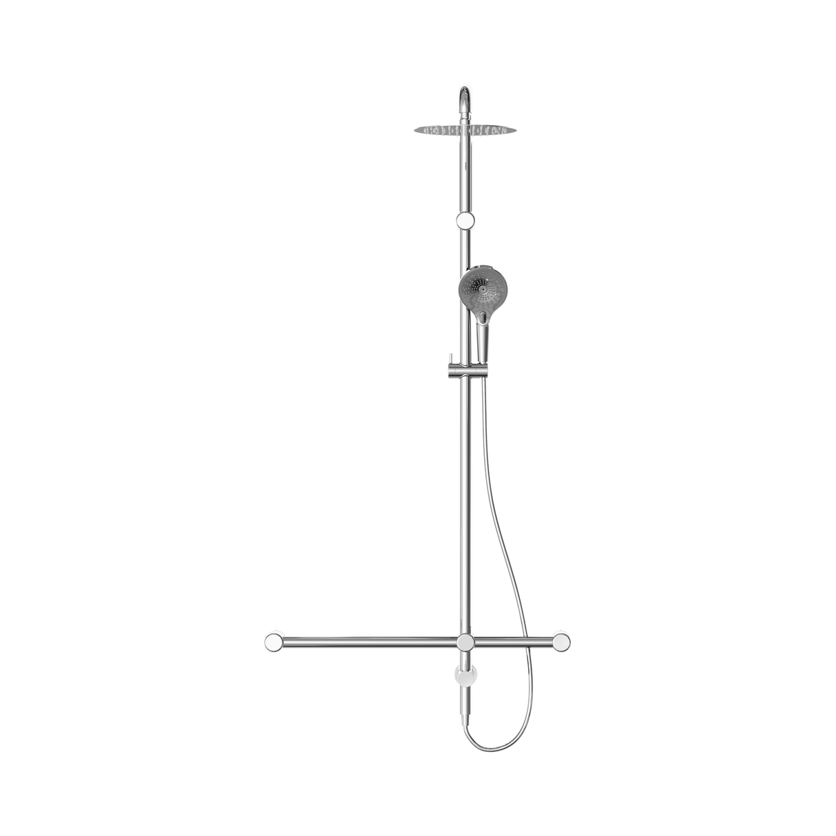 An image of Nero Tapware Mecca Care 32mm T Bar Grab Rail 1100x750mm Twin Shower Set Chrome