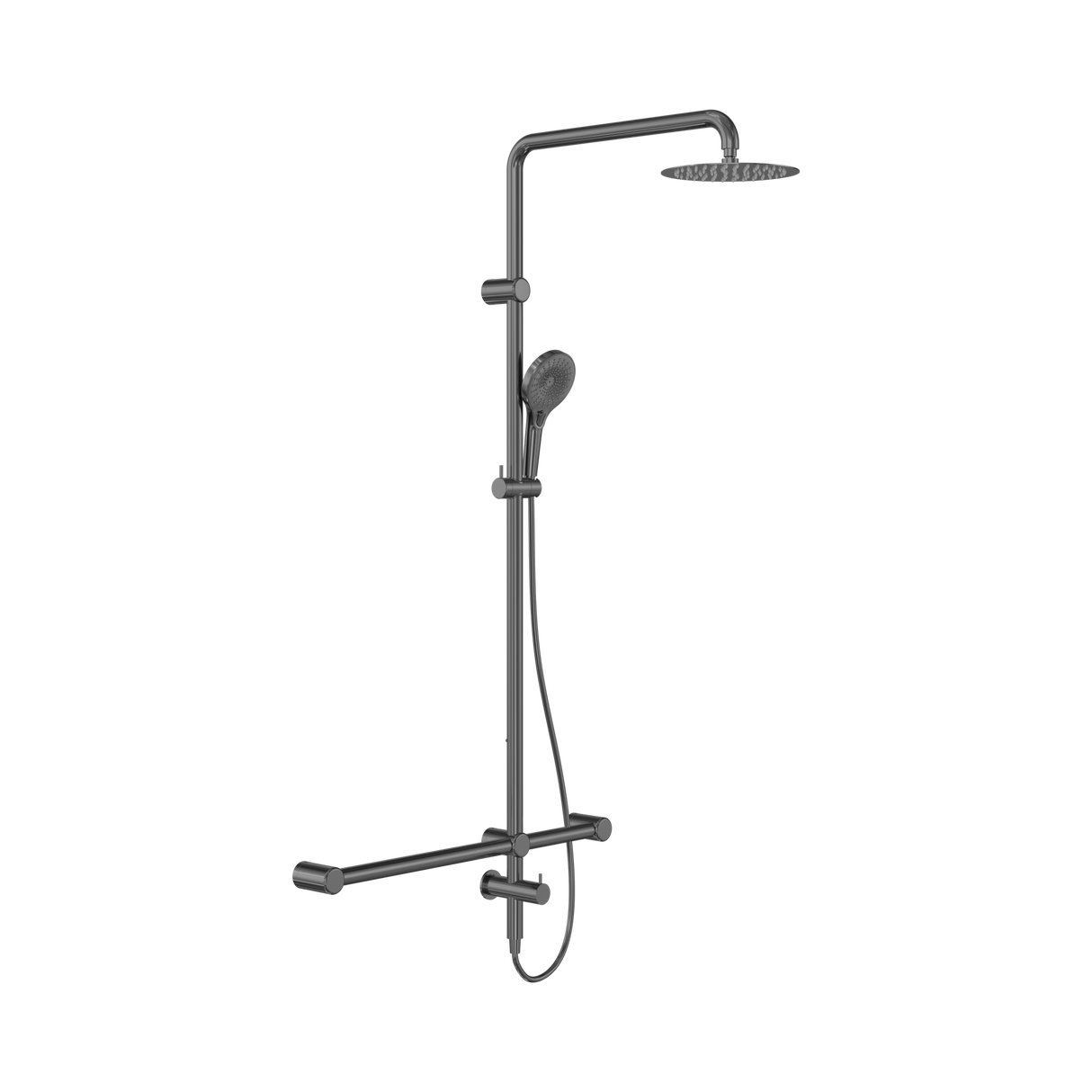 An image of Nero Tapware Mecca Care 32mm T Bar Grab Rail 1100x750mm Twin Shower Set Gun Metal