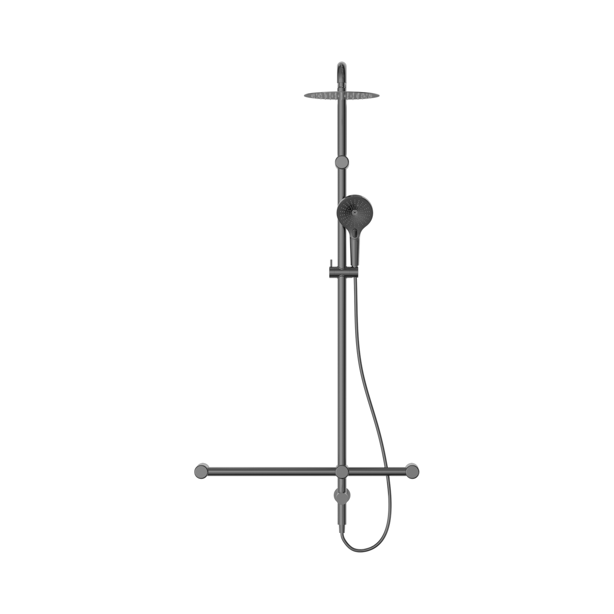 An image of Nero Tapware Mecca Care 32mm T Bar Grab Rail 1100x750mm Twin Shower Set Gun Metal