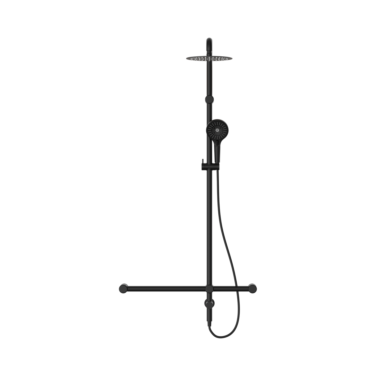 An image of Nero Tapware Mecca Care 32mm T Bar Grab Rail 1100x750mm Twin Shower Set Matte Black