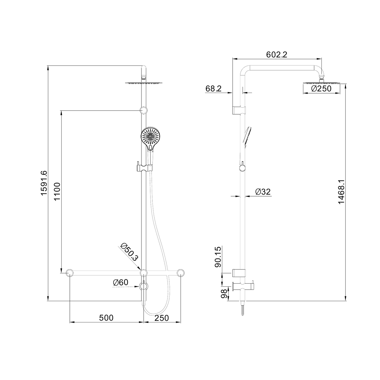 A line drawing of Nero Tapware Mecca Care 32mm T Bar Grab Rail 1100x750mm Twin Shower Set Brushed Gold