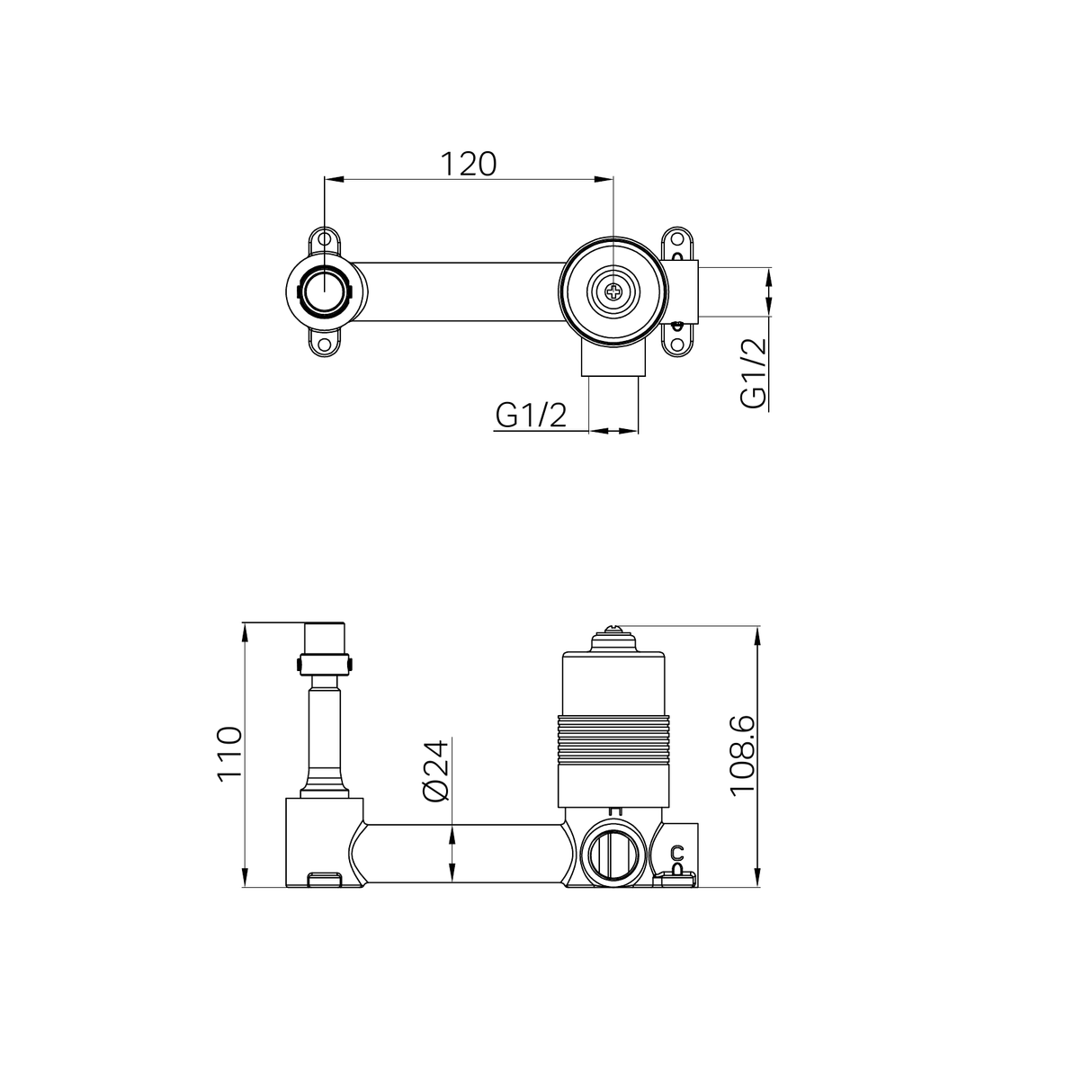 A line drawing of Nero Tapware Project 35mm Universal Wall Basin/Bath Mixer Body Only
