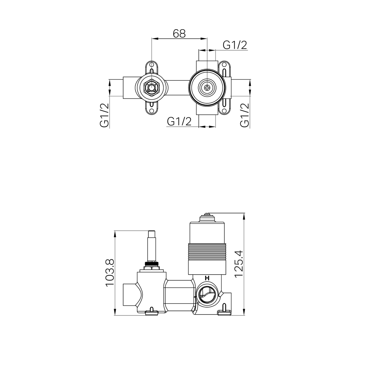 A line drawing of Nero Tapware Project 35mm Universal Shower Mixer With Diverter Body Only