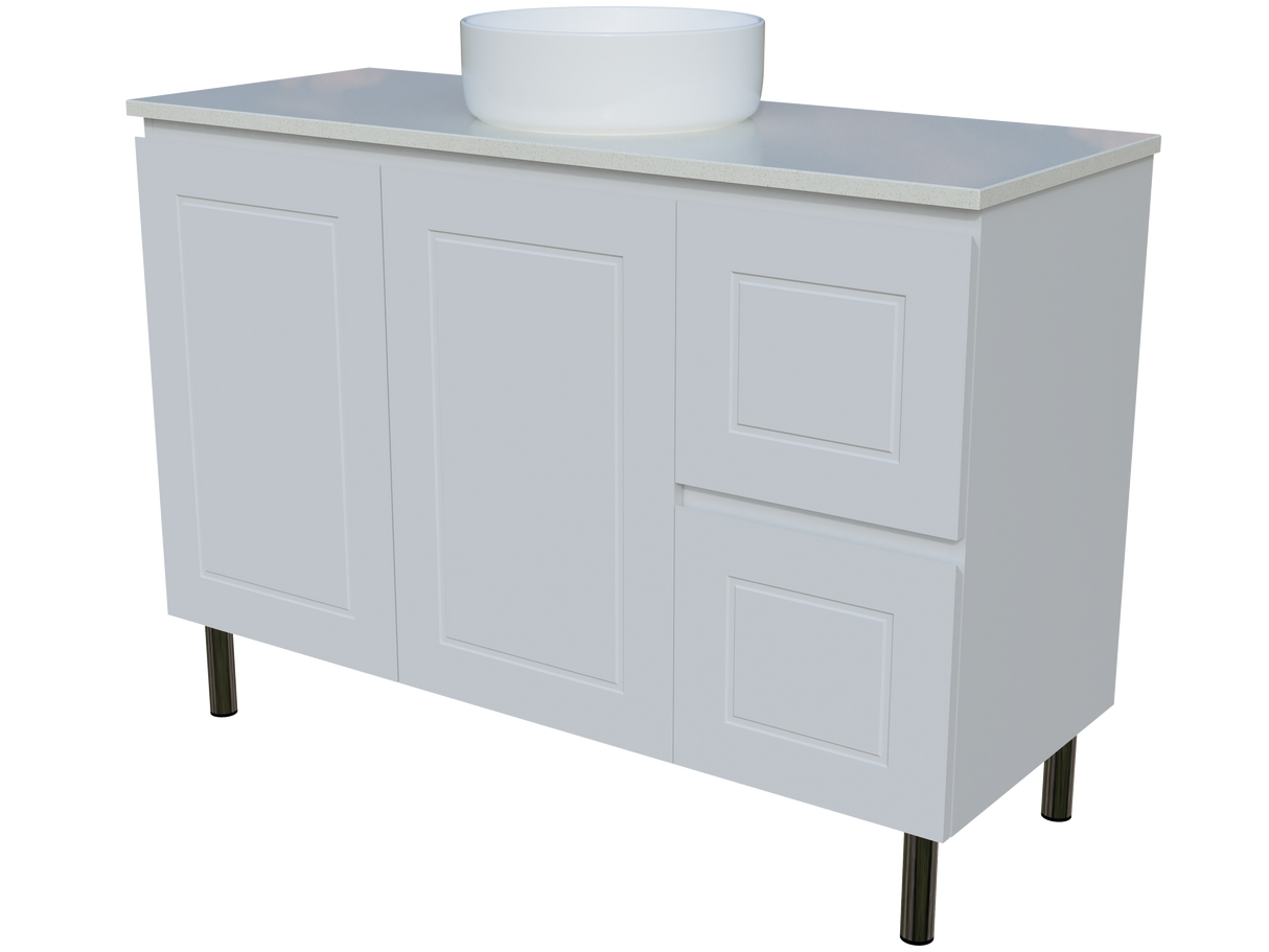 Nevada Classic Vanity 1200mm Centre White Gloss Above Counter Basin SilkSurface Top On Legs (NVC-V-1200-C-SSA-L)