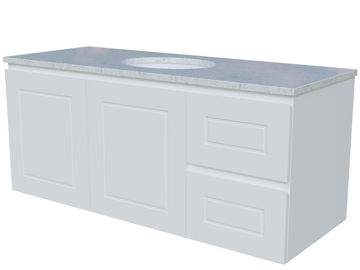 Nevada Classic Vanity 1200mm Centre White Gloss Under Counter Basin SilkSurface Top Wall hung (NVC-V-1200-C-SSU-W)