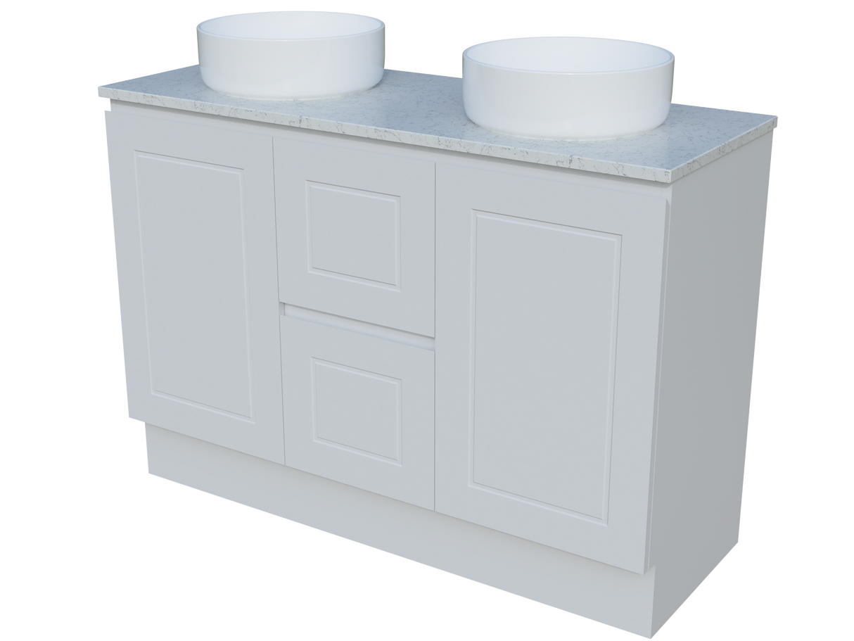 Nevada Classic Vanity 1200mm Double White Gloss Above Counter Basins SilkSurface Top Floor standing (NVC-V-1200-D-SSA-F)