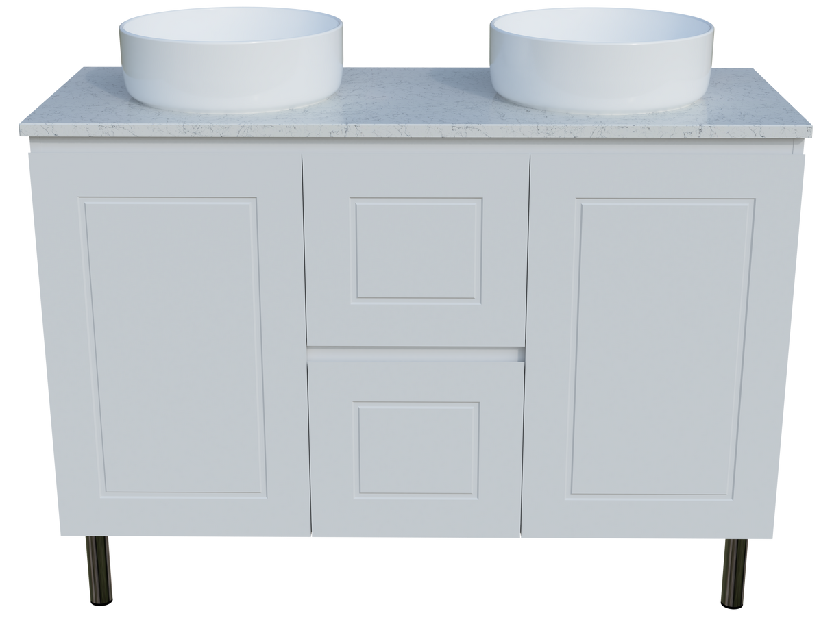 Nevada Classic Vanity 1200mm Double White Gloss Above Counter Basins SilkSurface Top On Legs (NVC-V-1200-D-SSA-L)