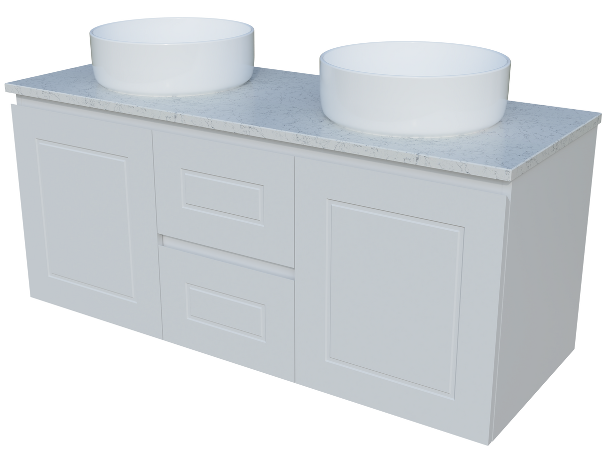Nevada Classic Vanity 1200mm Double White Gloss Above Counter Basins SilkSurface Top Wall hung (NVC-V-1200-D-SSA-W)