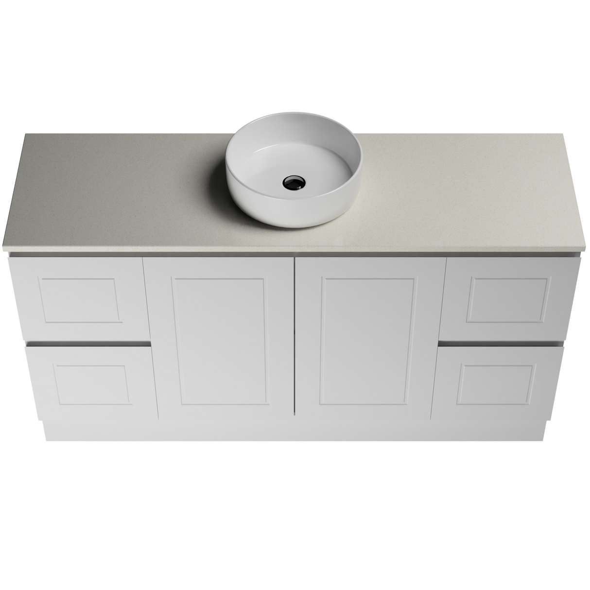 Nevada Classic Vanity 1500mm Centre White Gloss Above Counter Basin SilkSurface Top Floor standing (NVC-V-1500-C-SSA-F)