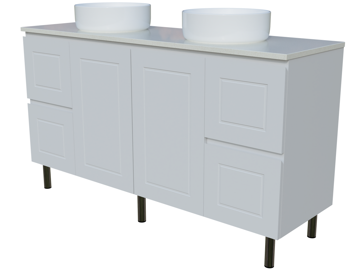 Nevada Classic Vanity 1500mm Double White Gloss Above Counter Basins SilkSurface Top On Legs (NVC-V-1500-D-SSA-L)
