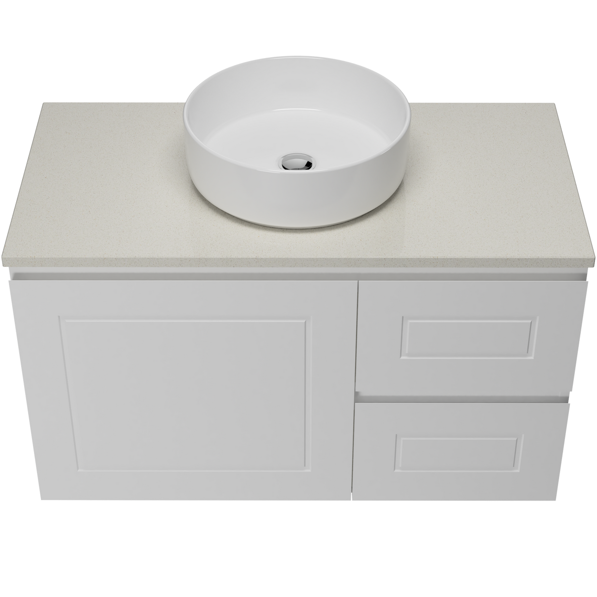 Nevada Classic Vanity 900mm Centre White Gloss Above Counter Basin SilkSurface Top Wall hung (NVC-V-900-C-SSA-W)