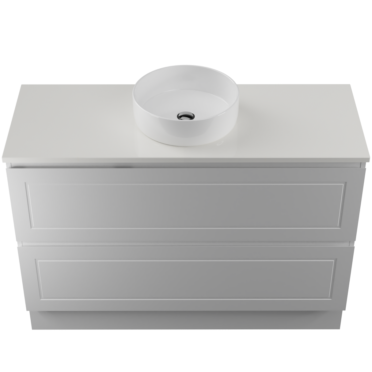 Nevada Plus Classic Vanity 1200mm Centre White Gloss Above Counter Basin SilkSurface Top Floor standing (NVPC-V-1200-C-SSA-F)
