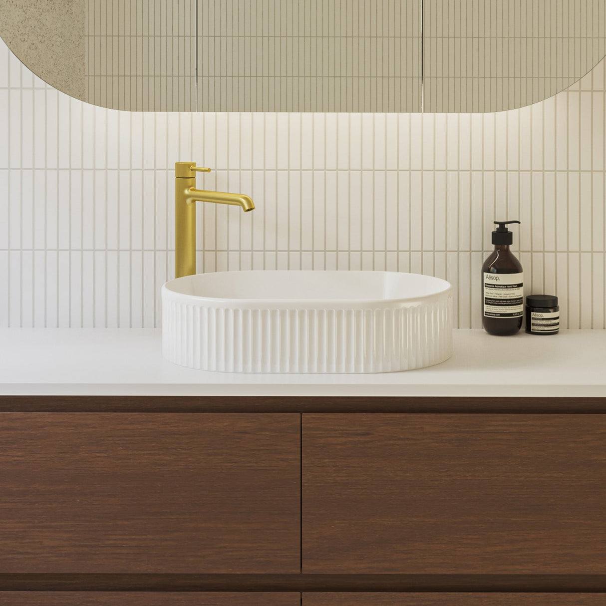 A lifestyle image of Timberline's Oval Flute Basin 490mm White Gloss