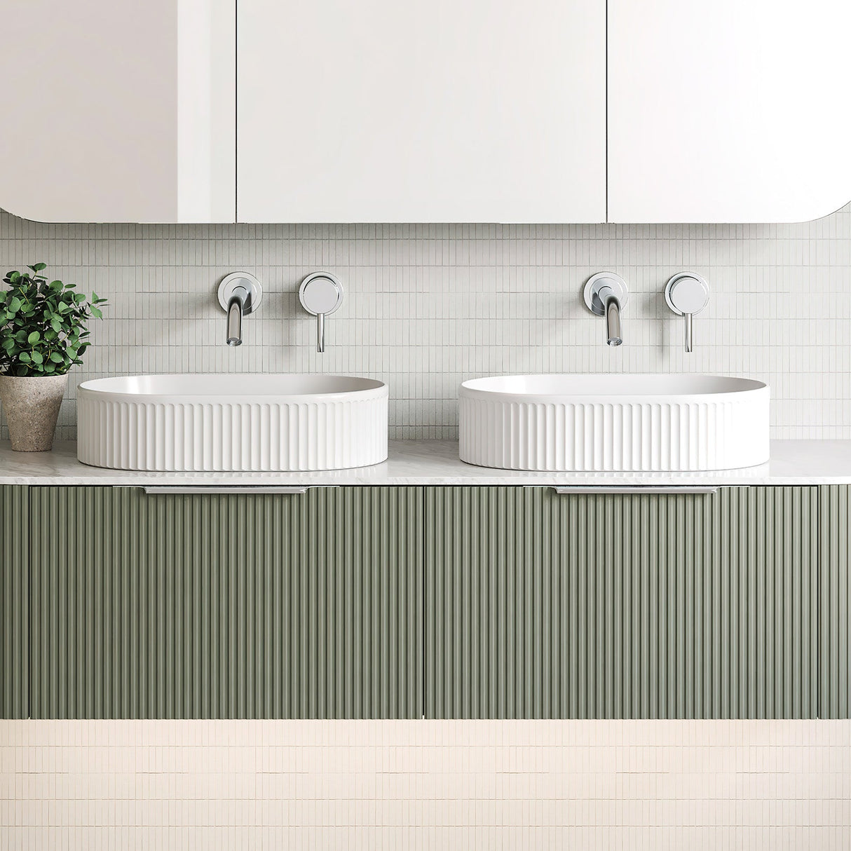 A lifestyle image of Timberline's Oval Flute Basin 490mm White Gloss