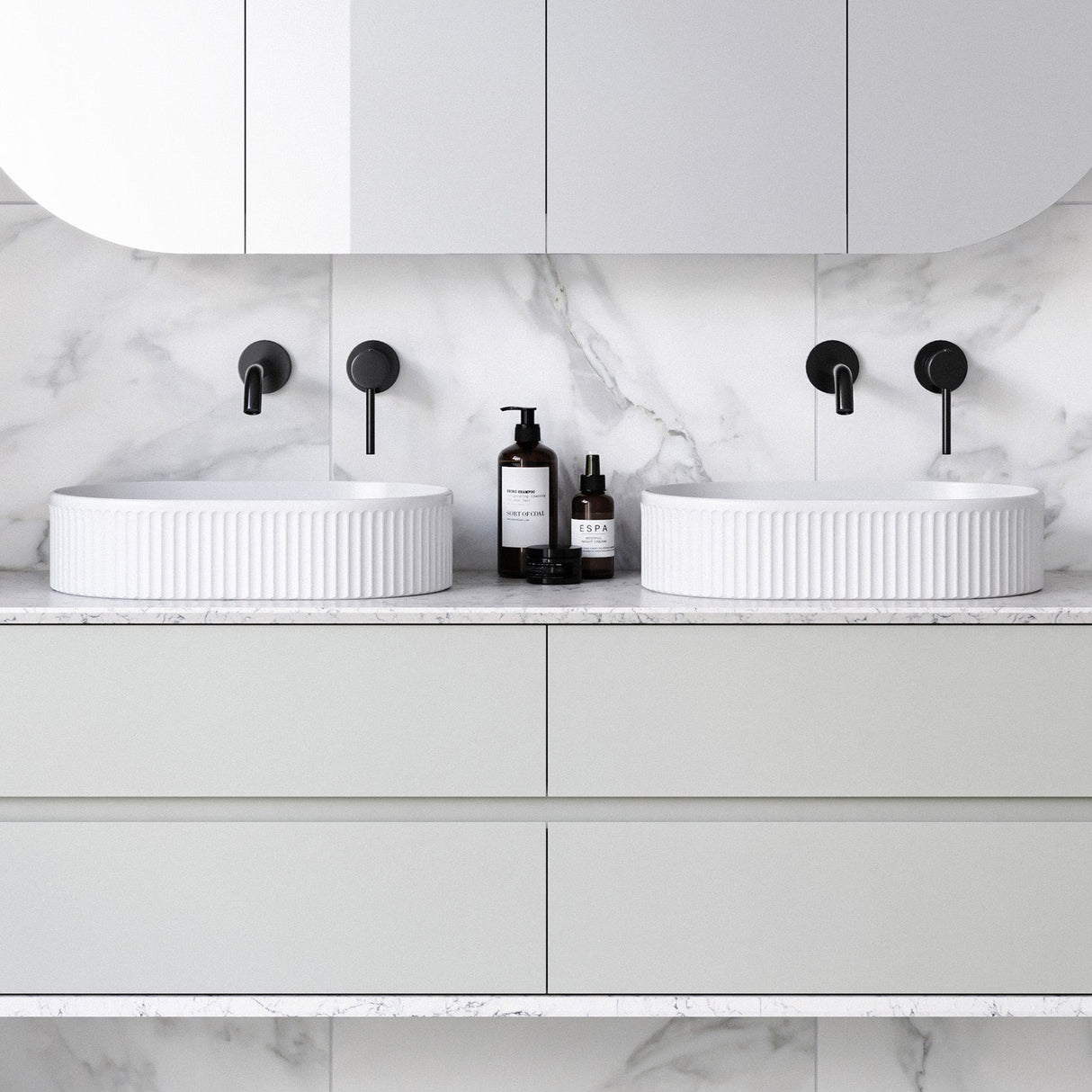 A lifestyle image of Timberline's Oval Flute Basin 490mm White Gloss