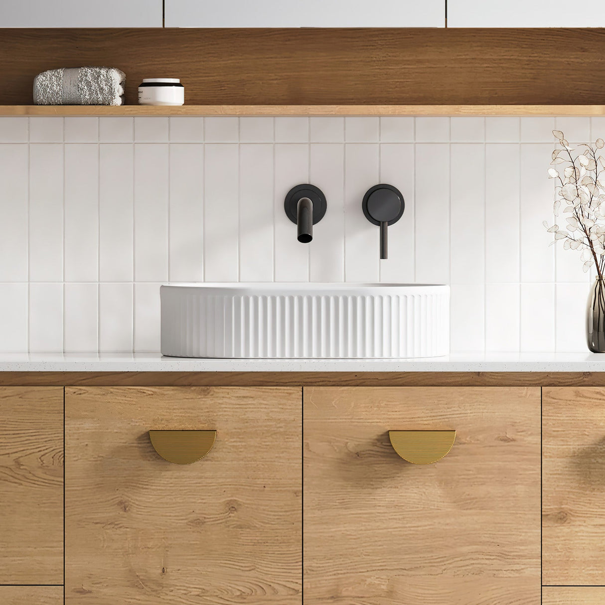 A lifestyle image of Timberline's Oval Flute Basin 490mm White Matt