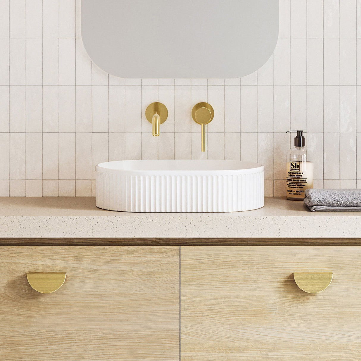 A lifestyle image of Timberline's Oval Flute Basin 490mm White Matt