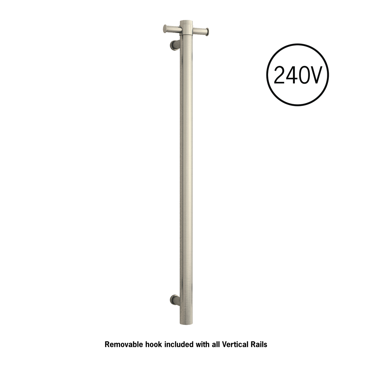 Thermorail Straight/Round 240Volt Vertical Bar 900x142x100mm 20Watt With Optional Hook - Brushed Nickel